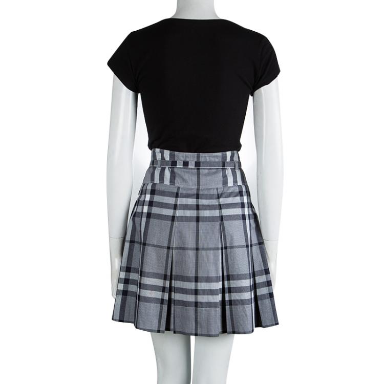 Pre Owned Burberry Grey Nova Check Cotton Pleated Belted Skirt M