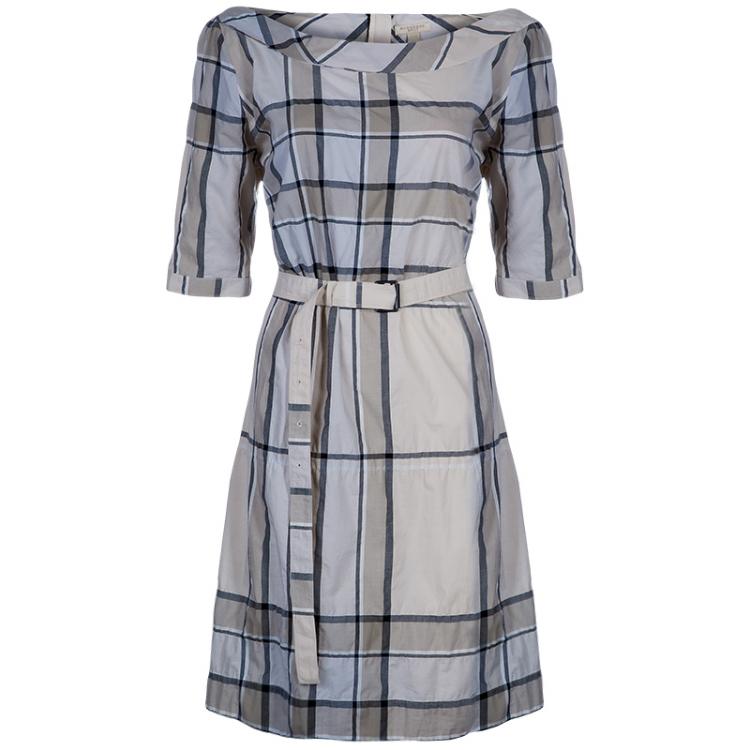 Pre Owned Burberry Brit Check Crinkle Cotton Kristie Dress L