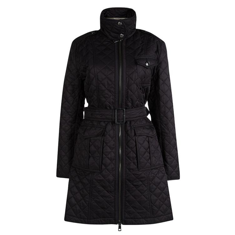 Pre Owned Burberry Black Diamond Quilted Belted Jacket L