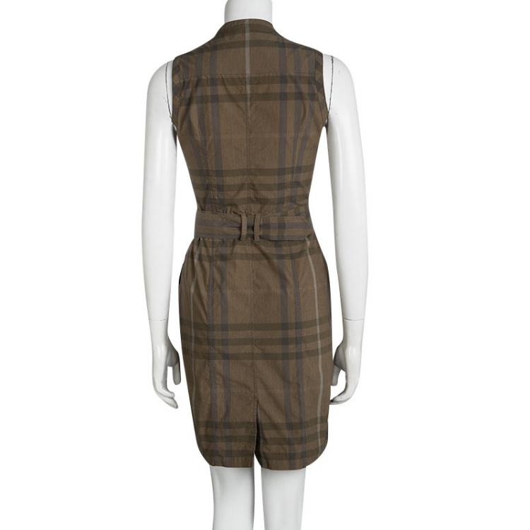 Pre Owned Burberry Brit Brown Checked Sleeveless Belted Shirt Dress S