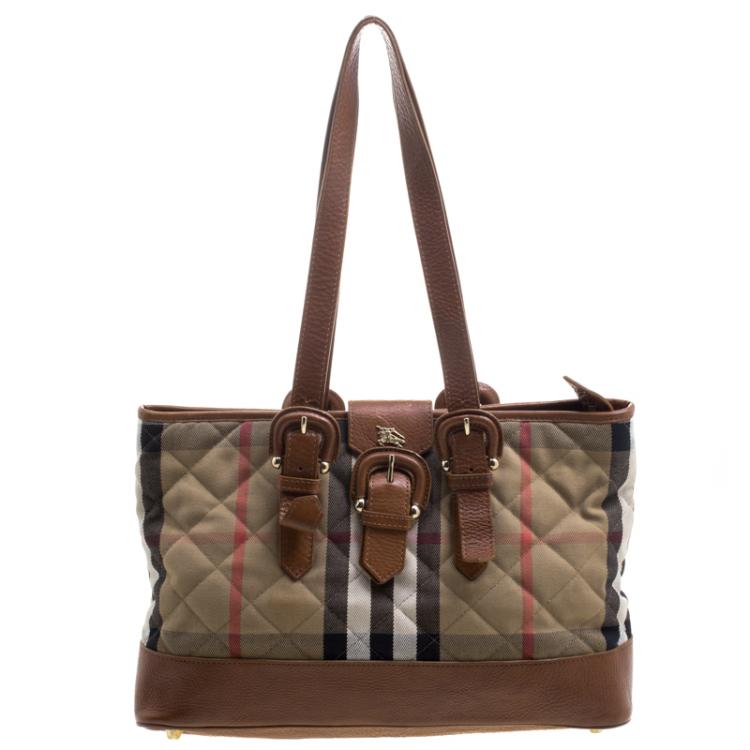 Pre Owned Burberry Brown Quilted House Check Fabric Tote