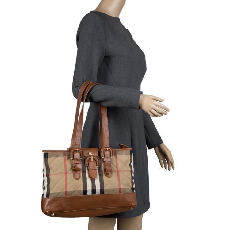 Pre Owned Burberry Brown Quilted House Check Fabric Tote