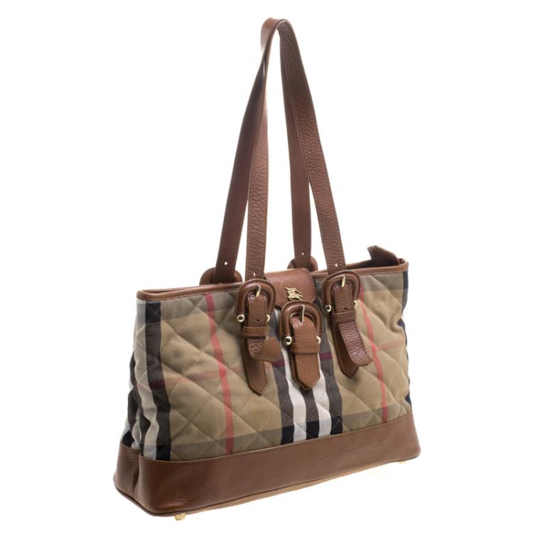 Pre Owned Burberry Brown Quilted House Check Fabric Tote