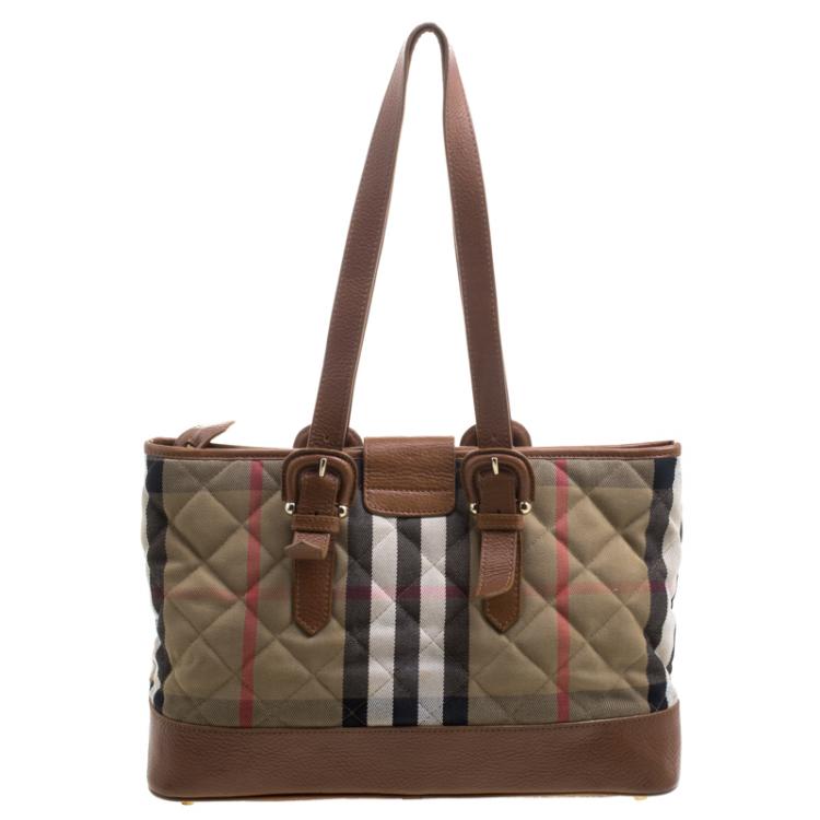 Pre Owned Burberry Brown Quilted House Check Fabric Tote