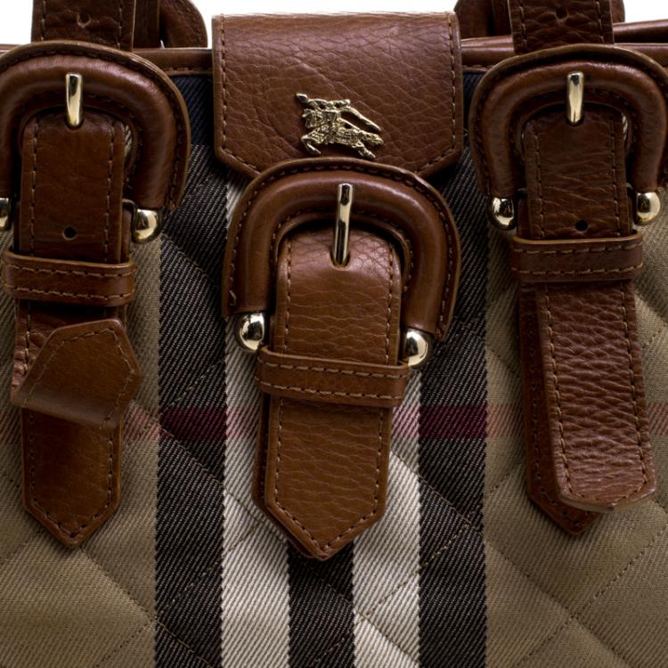 Pre Owned Burberry Brown Quilted House Check Fabric Tote