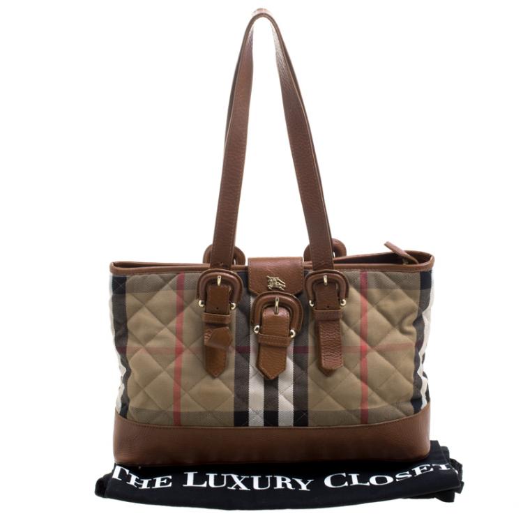 Pre Owned Burberry Brown Quilted House Check Fabric Tote