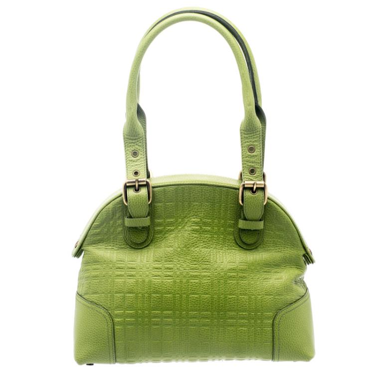 Pre Owned Burberry Green Embossed Check Leather Satchel