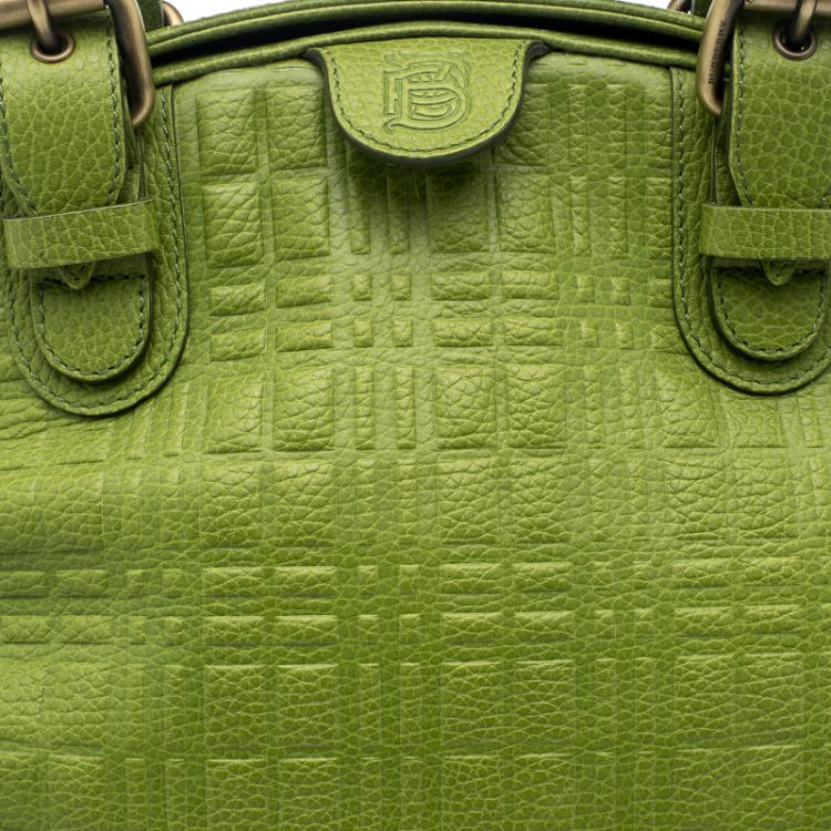 Pre Owned Burberry Green Embossed Check Leather Satchel