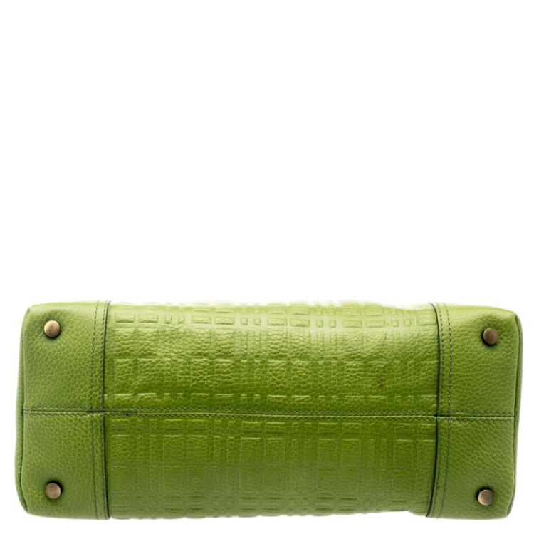 Pre Owned Burberry Green Embossed Check Leather Satchel