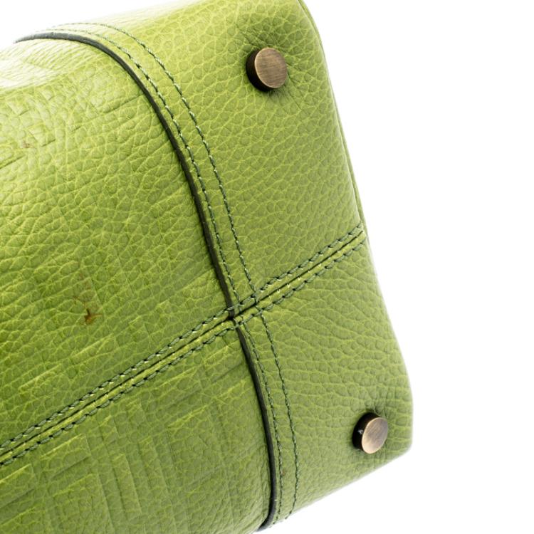 Pre Owned Burberry Green Embossed Check Leather Satchel