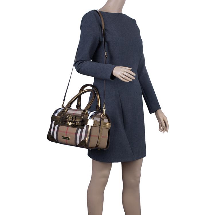 Pre Owned Burberry Gold Leather Trim Canvas House Check Bowling Bag