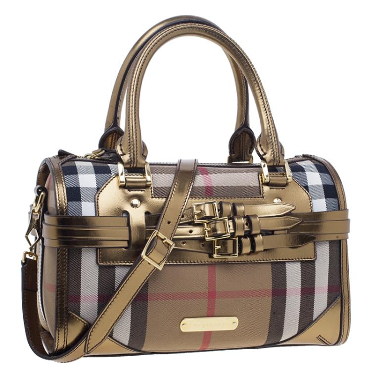 Pre Owned Burberry Gold Leather Trim Canvas House Check Bowling Bag