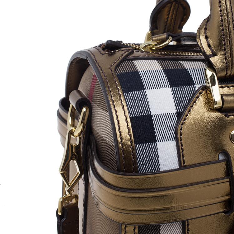Pre Owned Burberry Gold Leather Trim Canvas House Check Bowling Bag