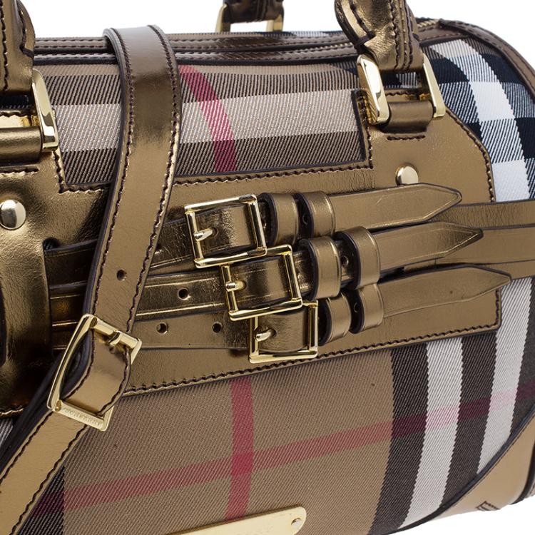 Pre Owned Burberry Gold Leather Trim Canvas House Check Bowling Bag