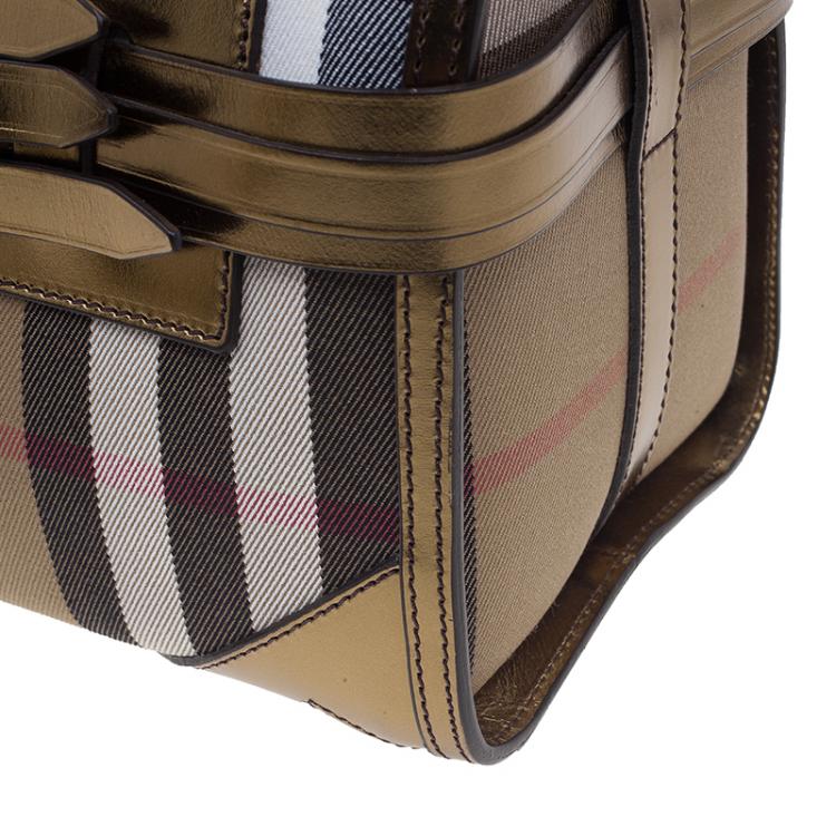 Pre Owned Burberry Gold Leather Trim Canvas House Check Bowling Bag