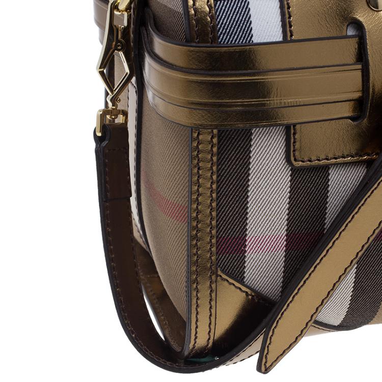Pre Owned Burberry Gold Leather Trim Canvas House Check Bowling Bag