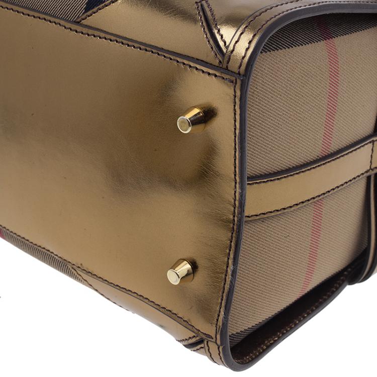 Pre Owned Burberry Gold Leather Trim Canvas House Check Bowling Bag