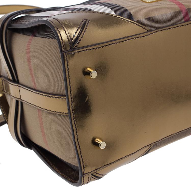 Pre Owned Burberry Gold Leather Trim Canvas House Check Bowling Bag