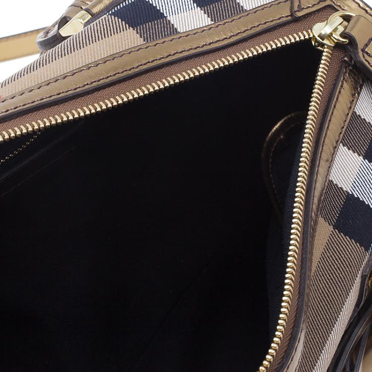 Pre Owned Burberry Gold Leather Trim Canvas House Check Bowling Bag