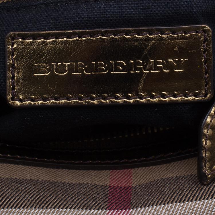 Pre Owned Burberry Gold Leather Trim Canvas House Check Bowling Bag