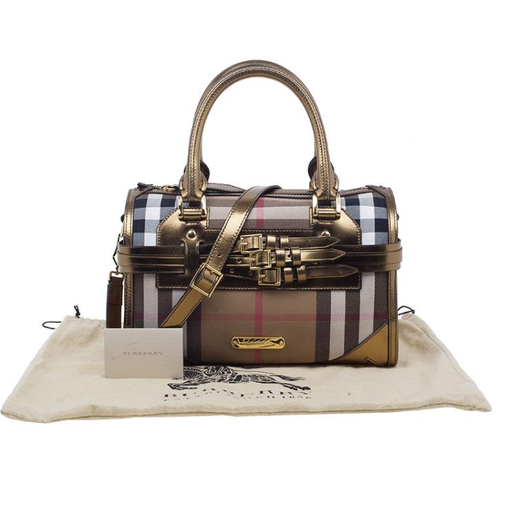 Pre Owned Burberry Gold Leather Trim Canvas House Check Bowling Bag