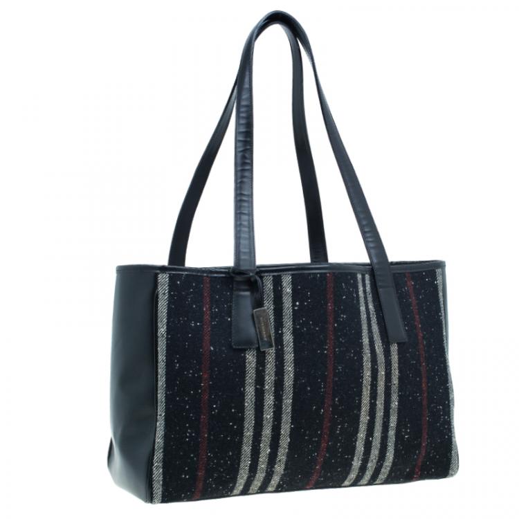 Pre Owned Burberry Wool and Calf Leather Check Shopper Tote Bag