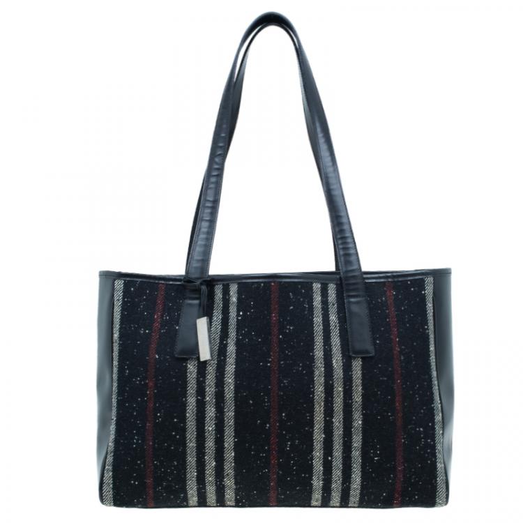 Pre Owned Burberry Wool and Calf Leather Check Shopper Tote Bag