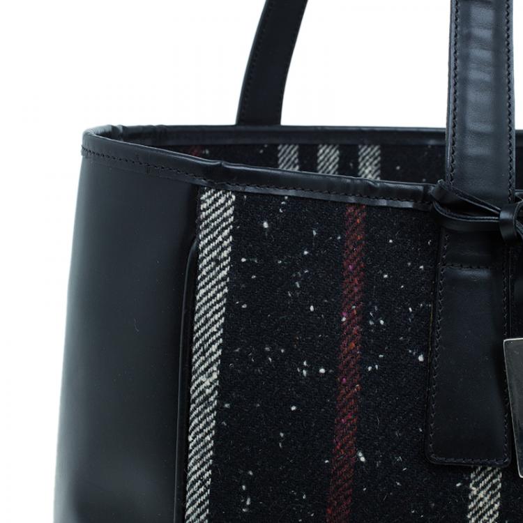 Pre Owned Burberry Wool and Calf Leather Check Shopper Tote Bag