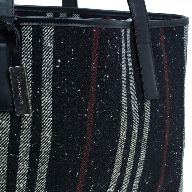 Pre Owned Burberry Wool and Calf Leather Check Shopper Tote Bag