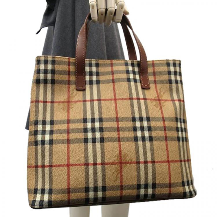 Burberry Brown Leather Harmarket Check Coated Canvas Small Buckle Tote Bag