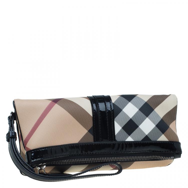 Pre Owned Burberry Black/Beige Nova Check Coated Canvas Foldover Clutch