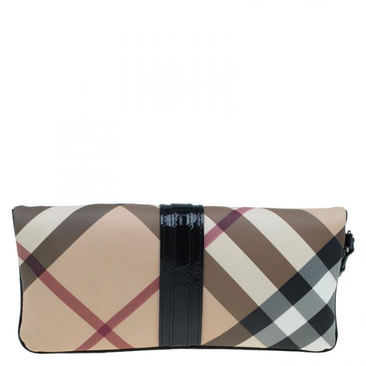 Pre Owned Burberry Black/Beige Nova Check Coated Canvas Foldover Clutch