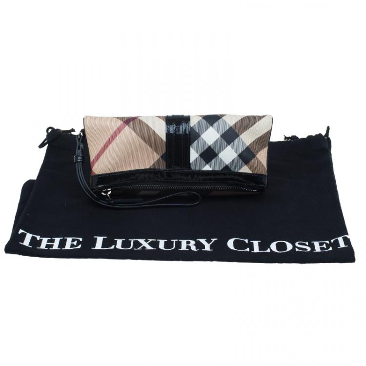 Pre Owned Burberry Black/Beige Nova Check Coated Canvas Foldover Clutch