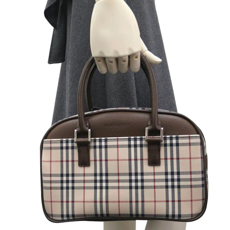 Pre Owned Burberry Haymarket Check Canvas and Leather Bowling Bag