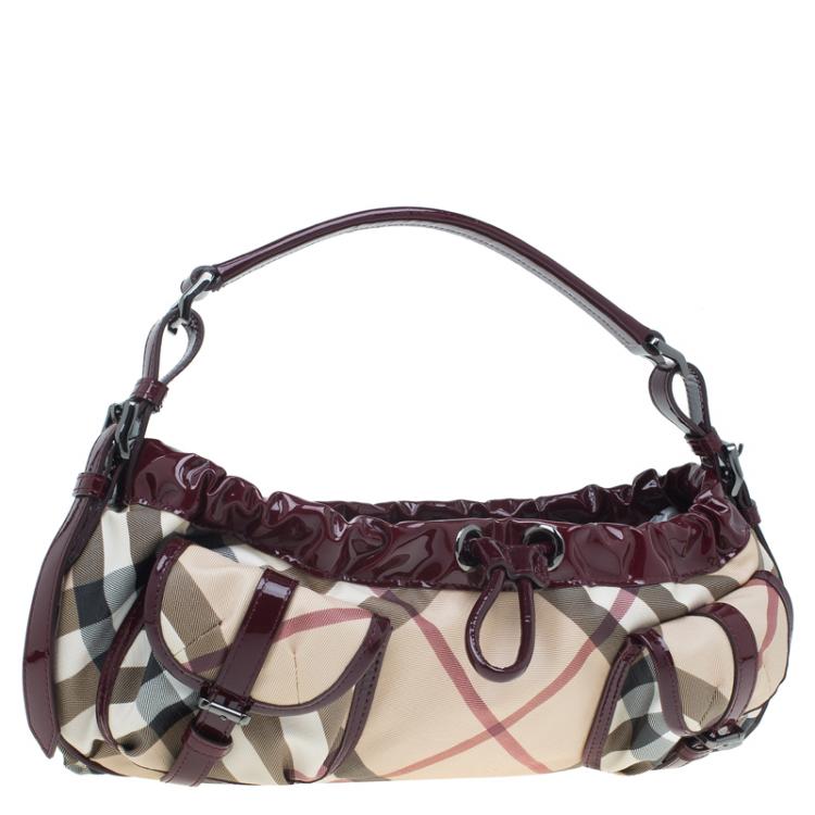 مملوكة مسبقًا Burberry Burgundy Nova Check Patent Leather Sling Bag