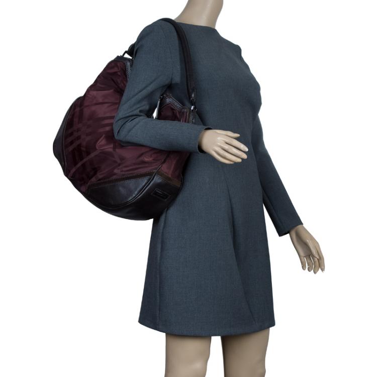 Pre Owned Burberry Burgundy Tonal Check Nylon Medium Maskell Hobo