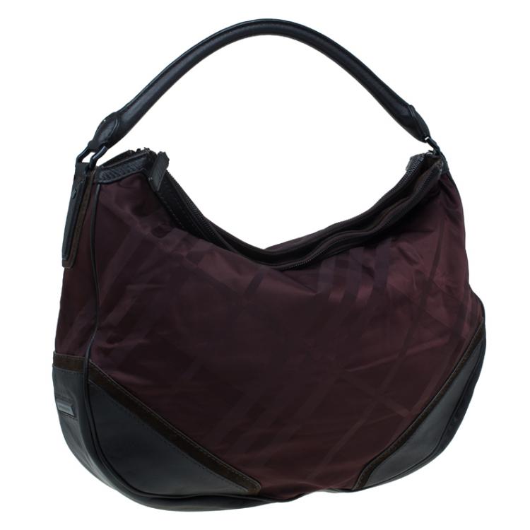 Pre Owned Burberry Burgundy Tonal Check Nylon Medium Maskell Hobo