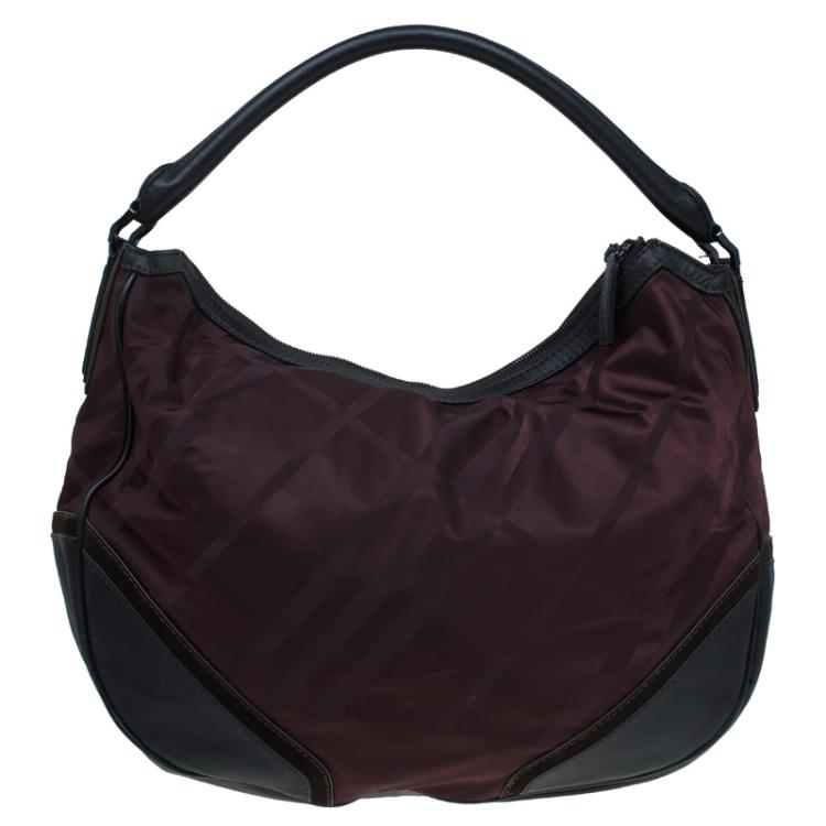 Pre Owned Burberry Burgundy Tonal Check Nylon Medium Maskell Hobo