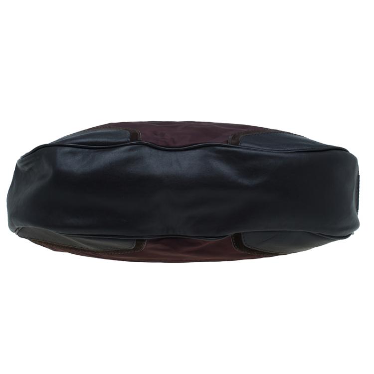 Pre Owned Burberry Burgundy Tonal Check Nylon Medium Maskell Hobo