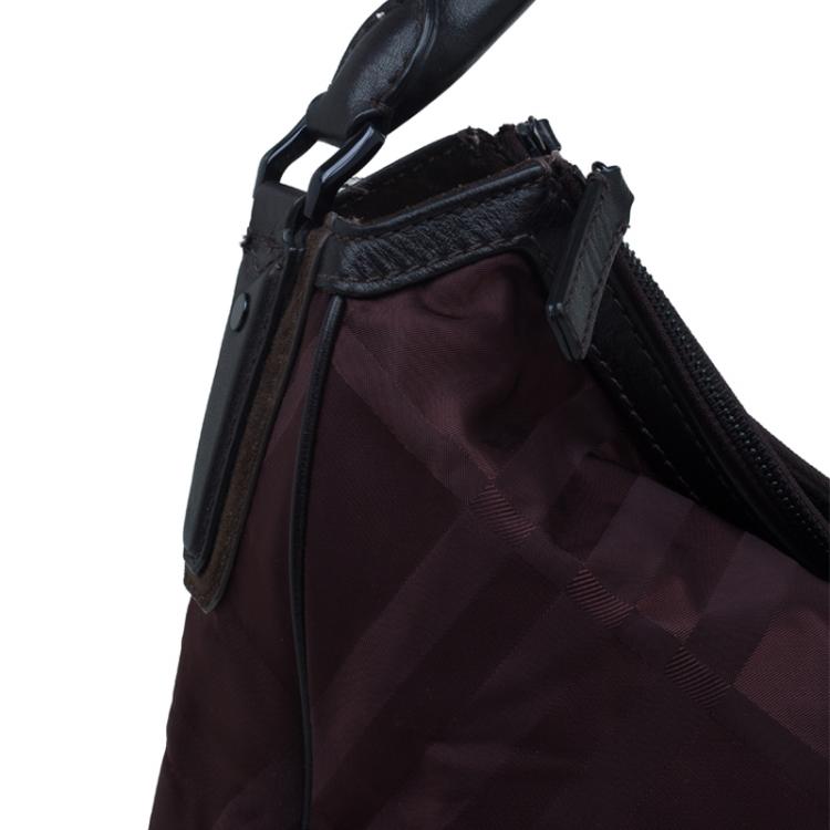 Pre Owned Burberry Burgundy Tonal Check Nylon Medium Maskell Hobo