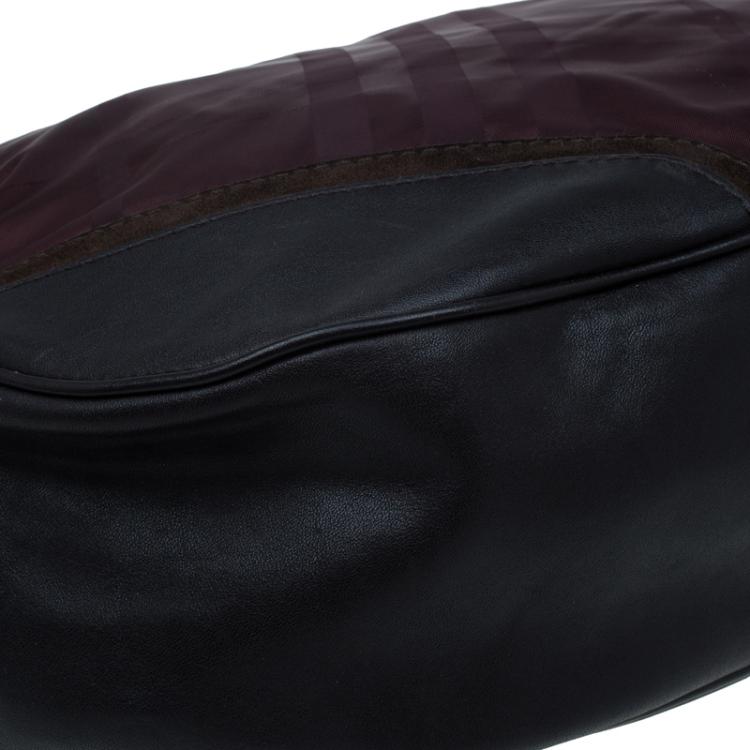 Pre Owned Burberry Burgundy Tonal Check Nylon Medium Maskell Hobo