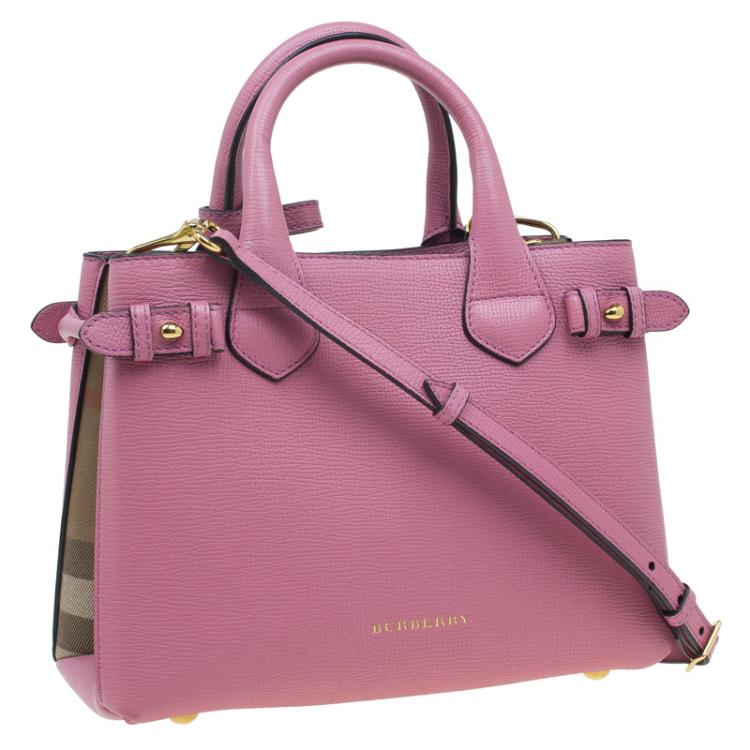 Pre Owned Burberry Pink House Check Leather Small Banner Top Handle Bag