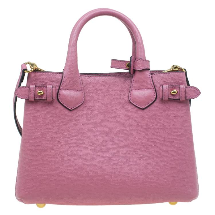 Pre Owned Burberry Pink House Check Leather Small Banner Top Handle Bag