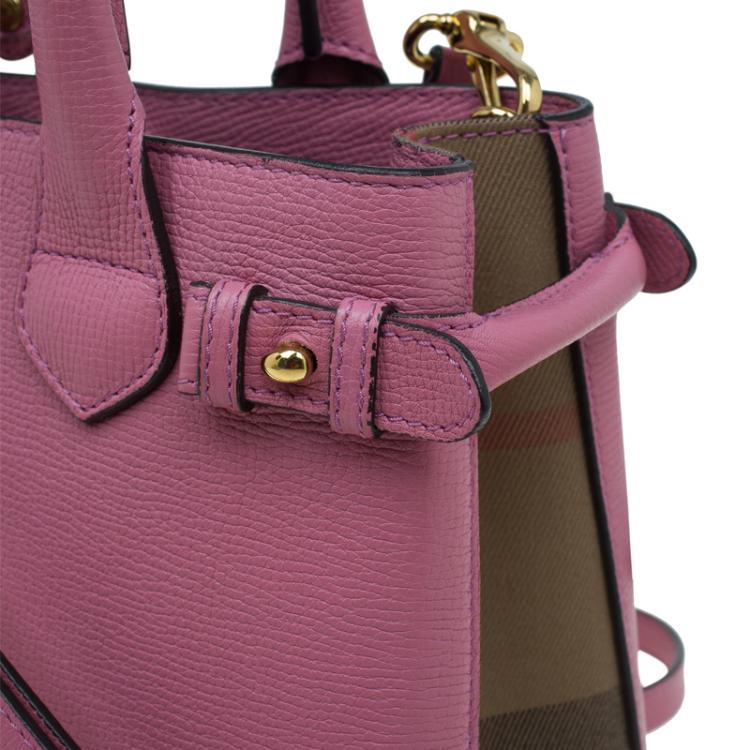 Pre Owned Burberry Pink House Check Leather Small Banner Top Handle Bag
