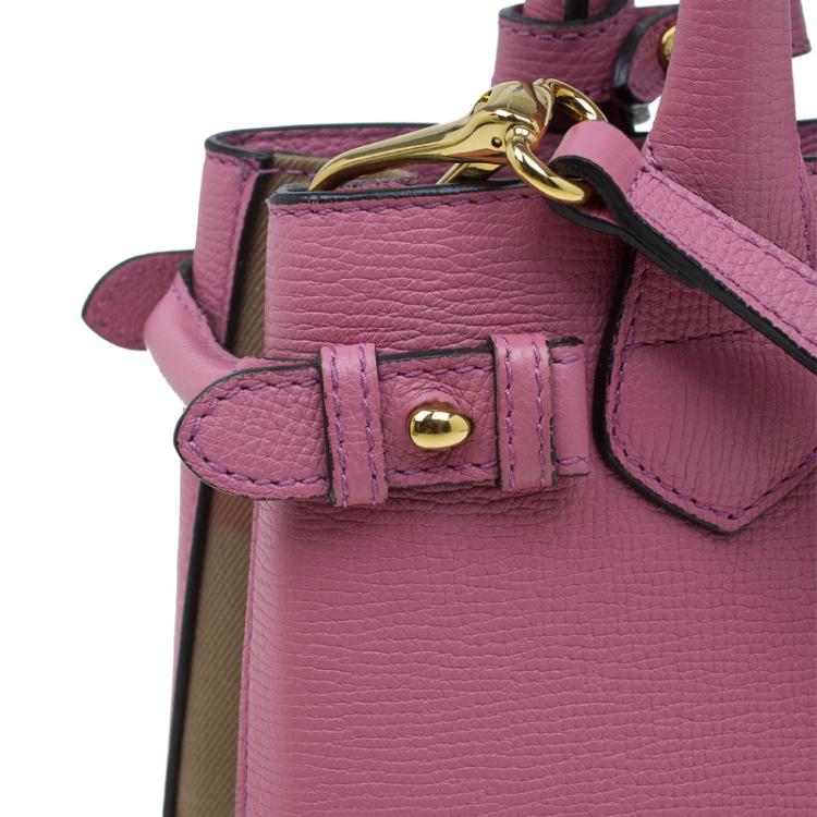 Pre Owned Burberry Pink House Check Leather Small Banner Top Handle Bag