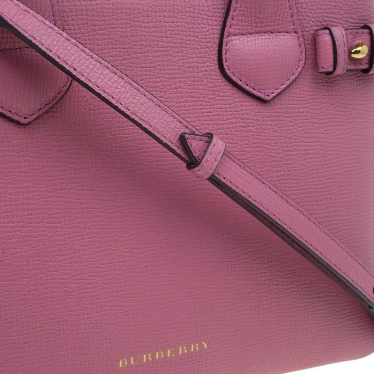 Pre Owned Burberry Pink House Check Leather Small Banner Top Handle Bag