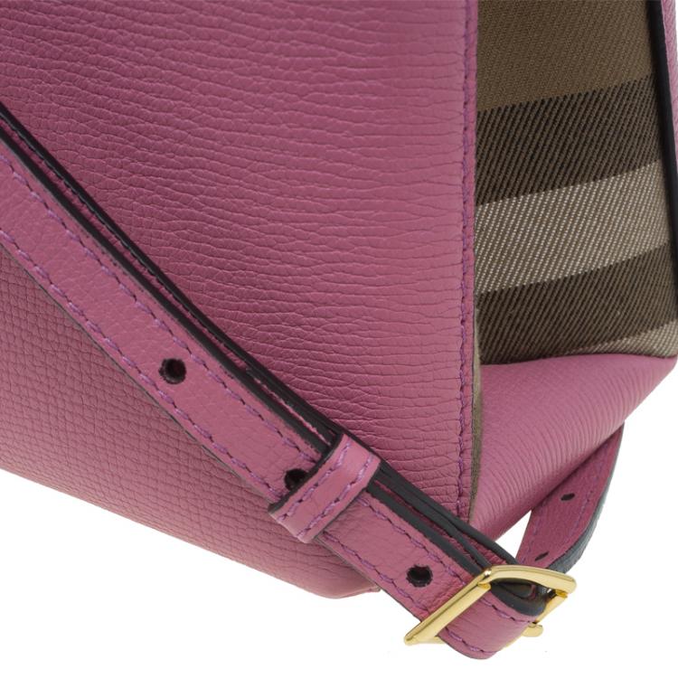 Pre Owned Burberry Pink House Check Leather Small Banner Top Handle Bag