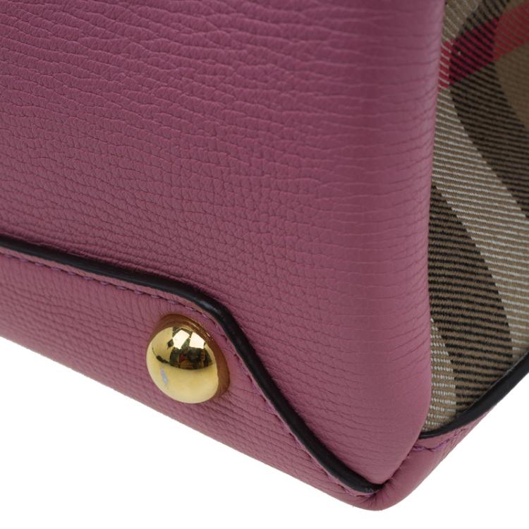 Pre Owned Burberry Pink House Check Leather Small Banner Top Handle Bag