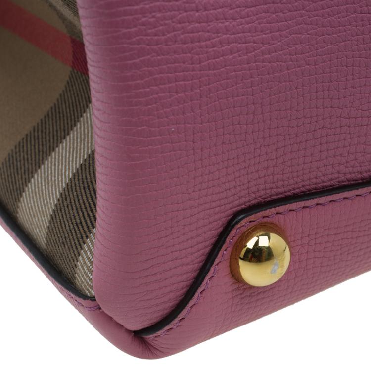 Pre Owned Burberry Pink House Check Leather Small Banner Top Handle Bag
