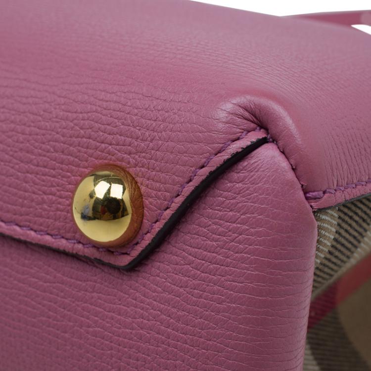 Pre Owned Burberry Pink House Check Leather Small Banner Top Handle Bag